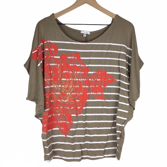 CACHE Top Blouse Stripe Floral Batwing Sleeves Tan White Orange Size Medium - Picture 1 of 10